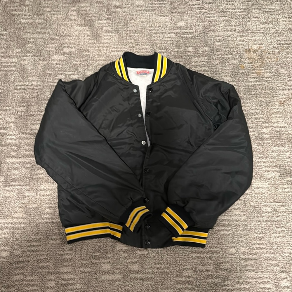 Black and Yellow Varsity Jacket coffee cup fuel stop logo on back